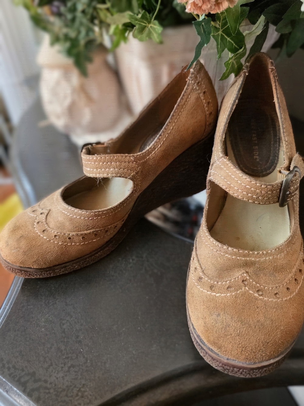 Lower Eadt Side Tan Suede Mary Jane Wedge Heels with Buckle Strap